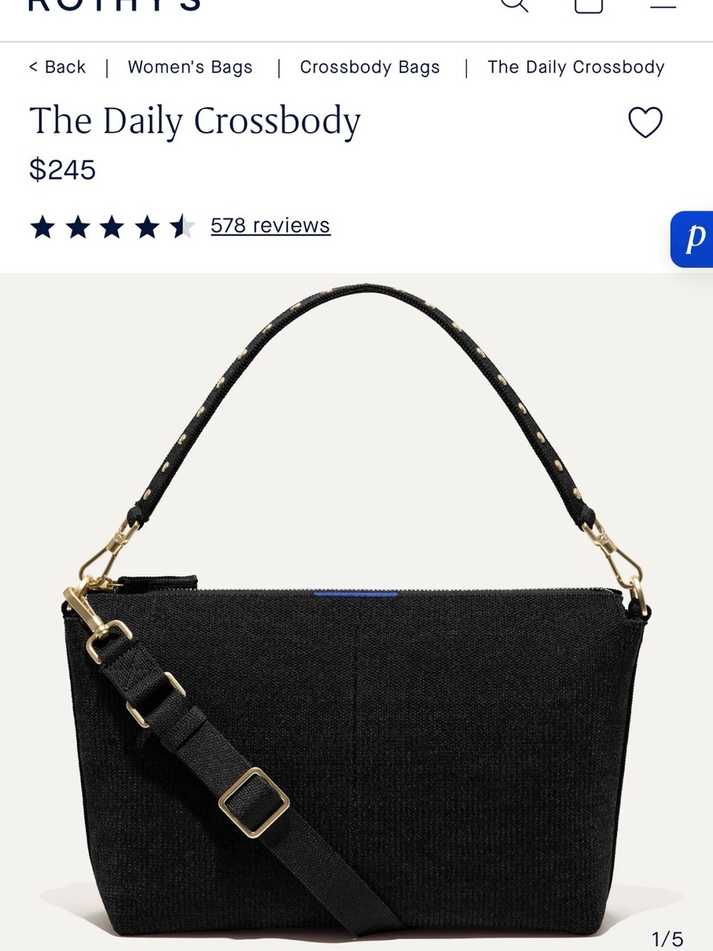 Rothy's The Daily Crossbody - Black with Gold Hardware